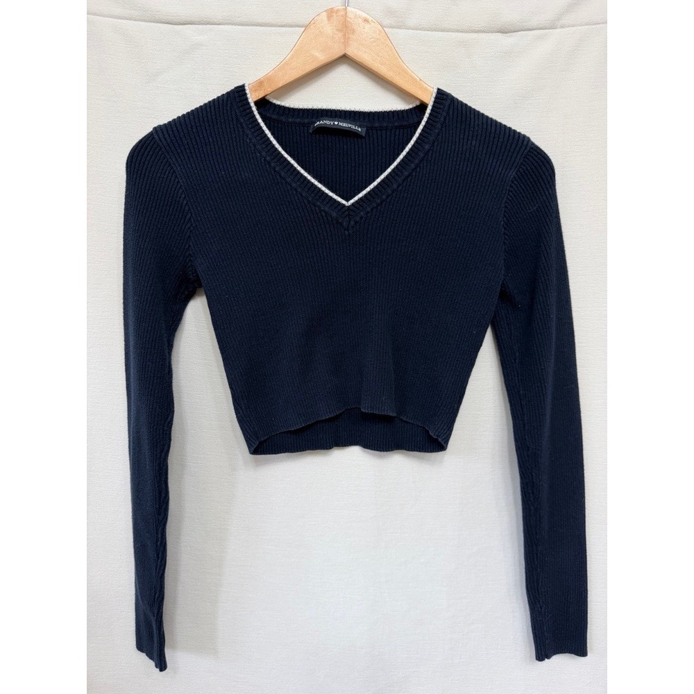 Brandy Melville Women's Sweater Navy Blue V-Neck Ribbed Crop Preppy Coquette